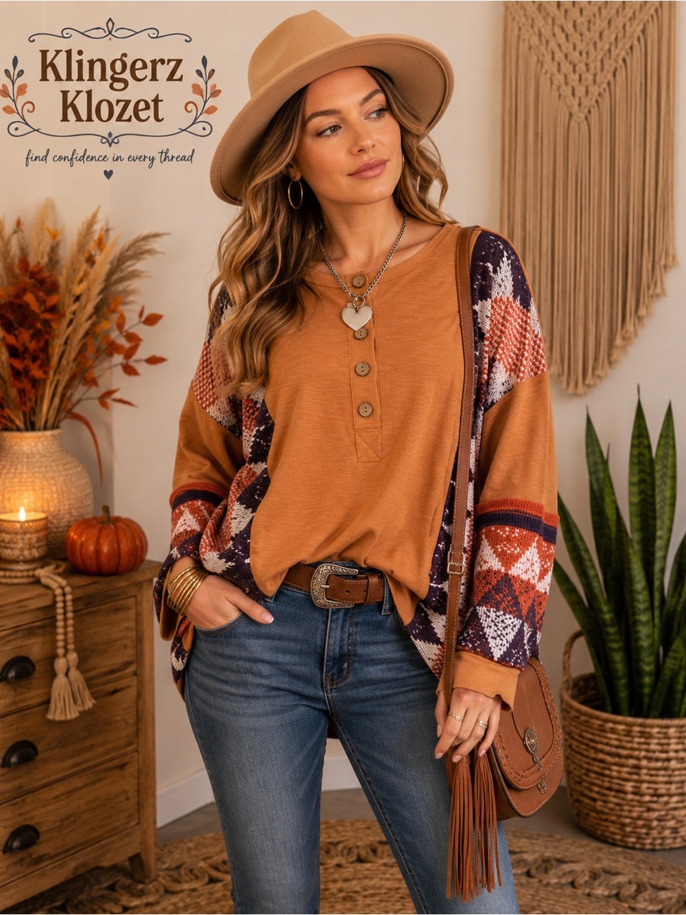 Bohemian burned Orange and Purple Aztec  Patterned Button-Up top by Easel. NWT
